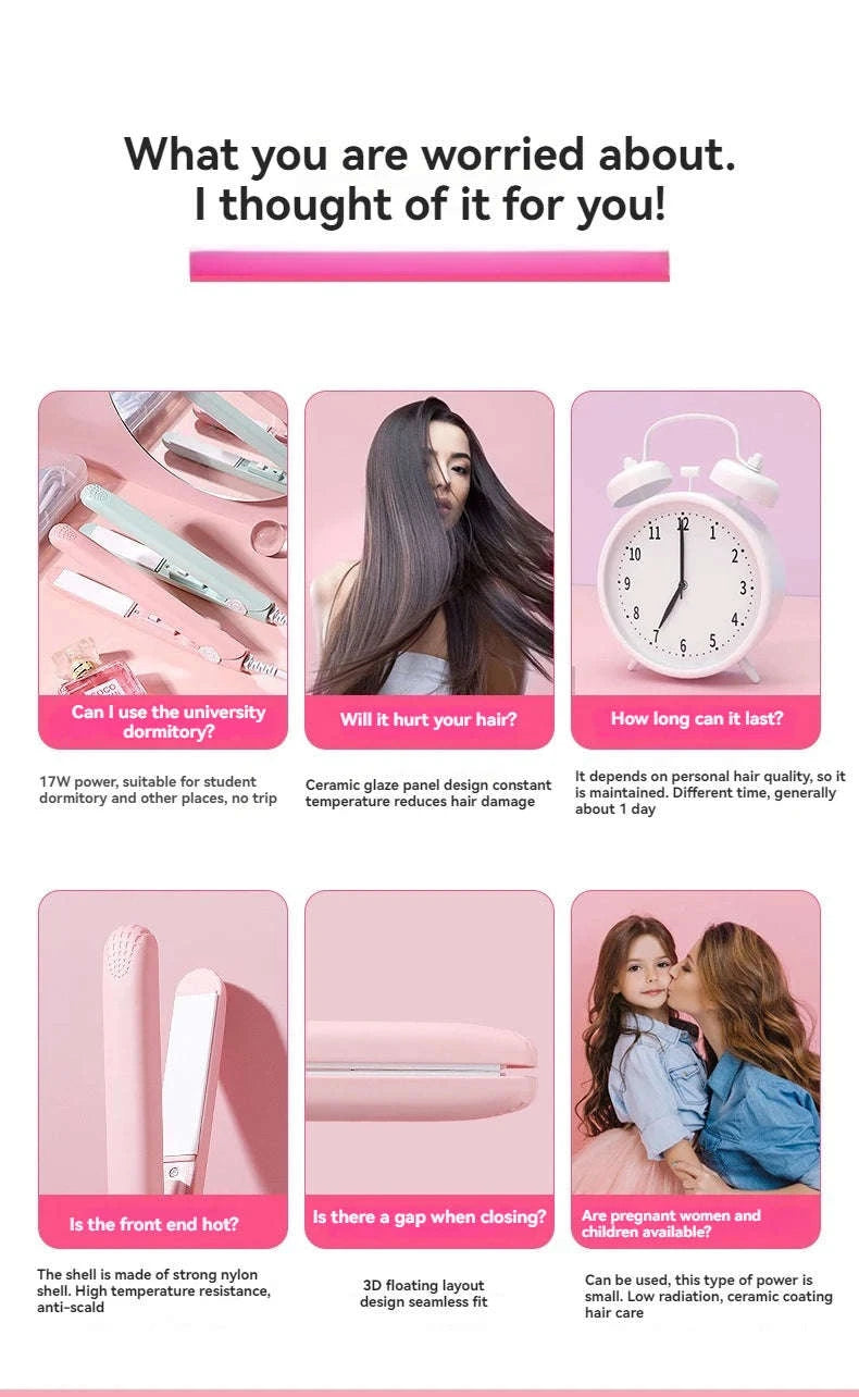 Mini Hair Straightener with Quick-Heat Ceramic Plates-Pink