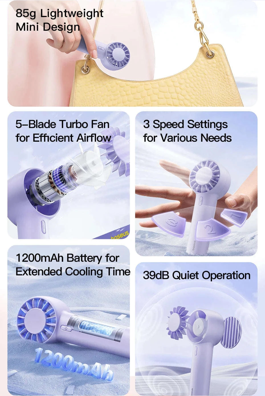 Mini Handheld Turbine Fan with 3 Speeds & Rechargeable Battery-GoTrip DT1