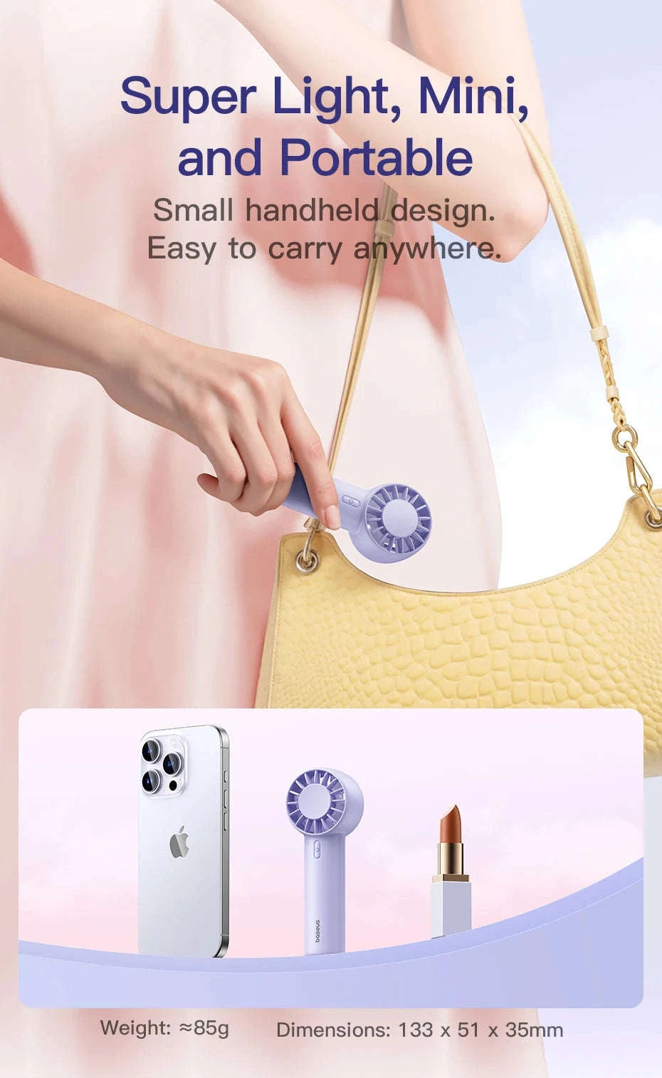 Mini Handheld Turbine Fan with 3 Speeds & Rechargeable Battery-GoTrip DT1