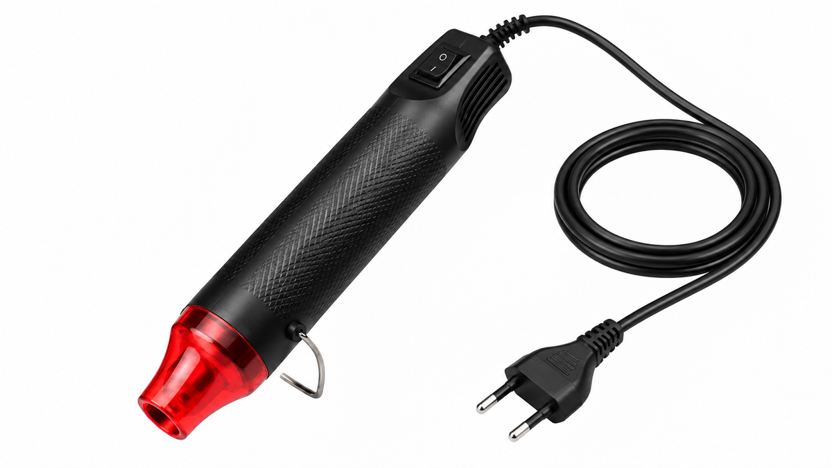 Mini hot-air gun with EU plug and full cable on white background