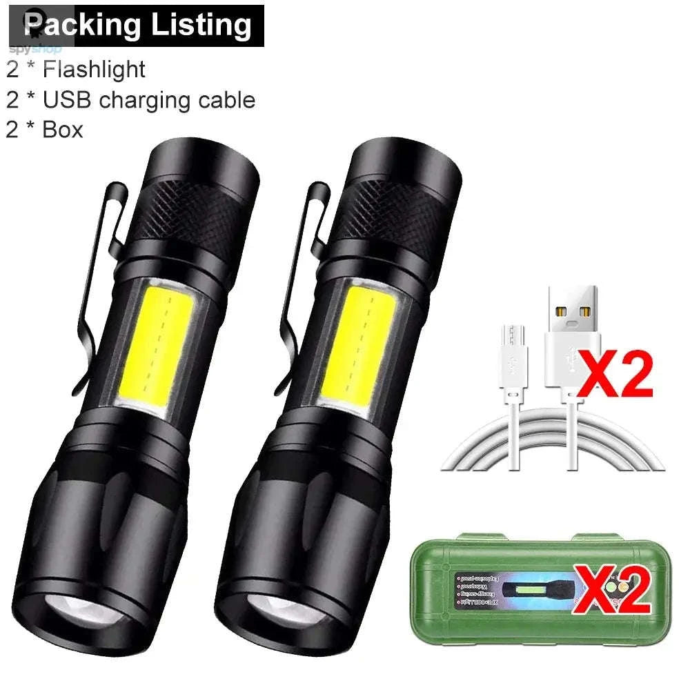 Mini LED Flashlight COB + XPE USB Rechargeable Torch-1PC With Box