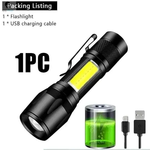 Mini LED Flashlight COB + XPE USB Rechargeable Torch-1PC With Box