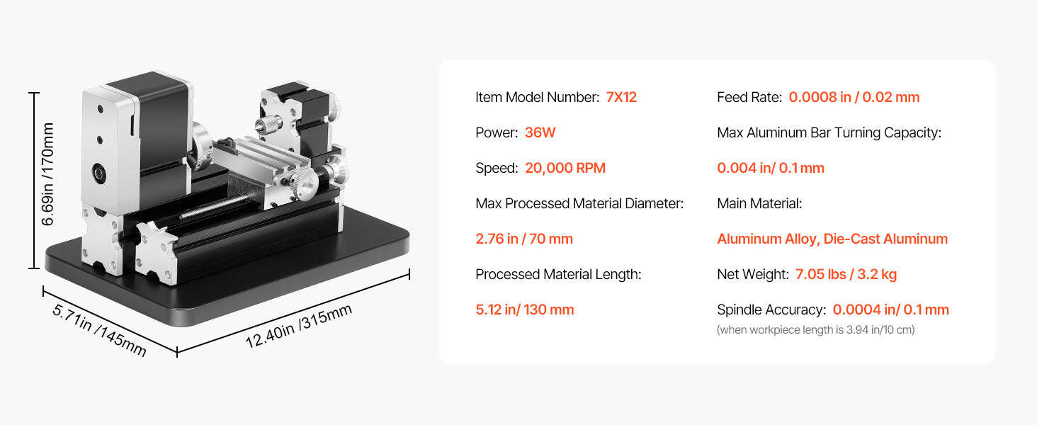 Mini Metal Lathe Machine 2.76 x 5.12 in 36W 20000 RPM with 3-Jaw Chuck-70 mm x 130 mm 36W / United States