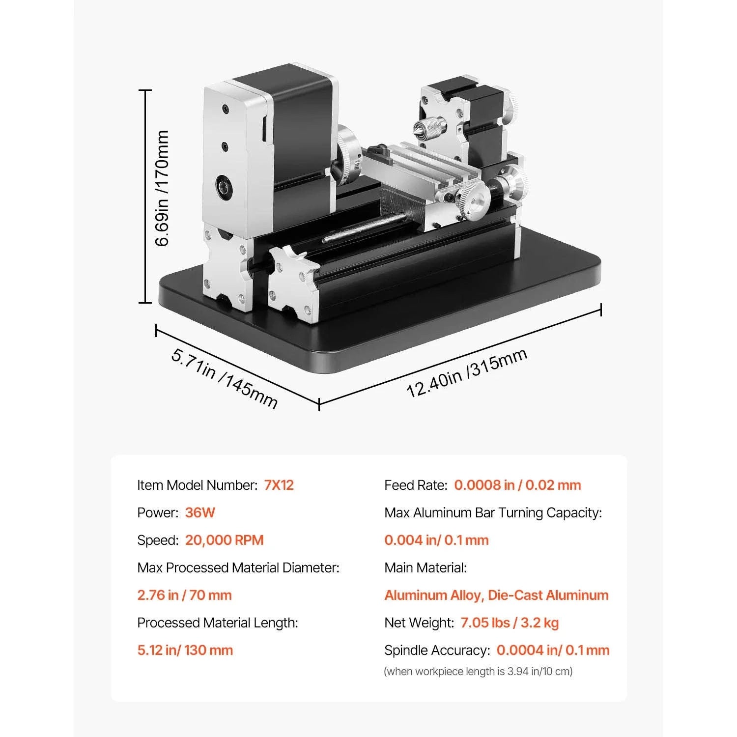 Mini Metal Lathe Machine 2.76 x 5.12 in 36W 20000 RPM with 3-Jaw Chuck-70 mm x 130 mm 36W / United States