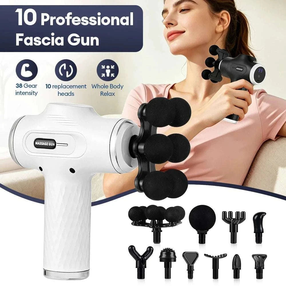 Mini Muscle Massage Gun with 10 Heads and Adjustable Intensity-WHITE