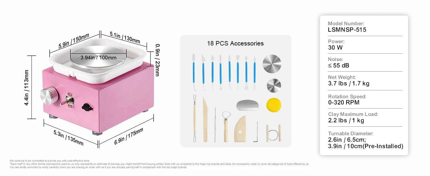 Mini Pottery Wheel Kit with Adjustable Speed & Tool Set-Pink / spain