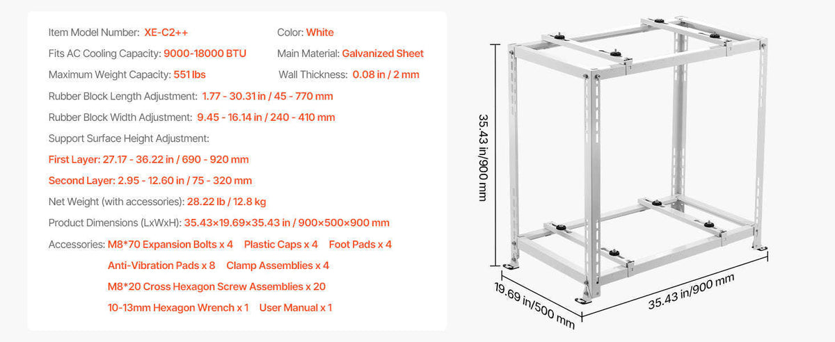 Mini Split Ground Stand Adjustable Anti-Vibration Stand for 9000-36000 BTU Outdoor Units-39.4x19x16inch / 8 inch / Poland