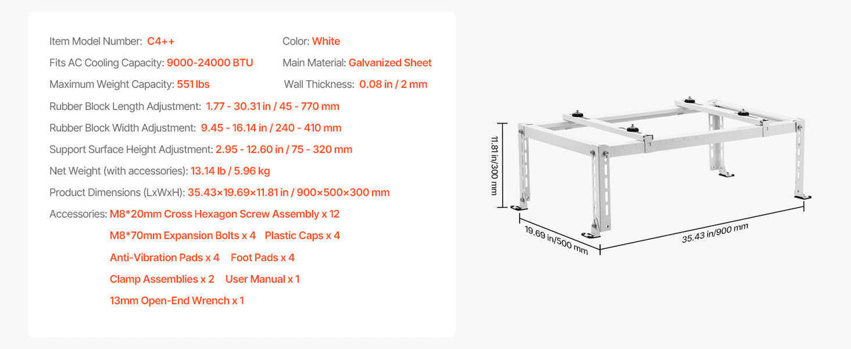 Mini Split Ground Stand Adjustable Anti-Vibration Stand for 9000-36000 BTU Outdoor Units-39.4x19x16inch / 8 inch / Poland