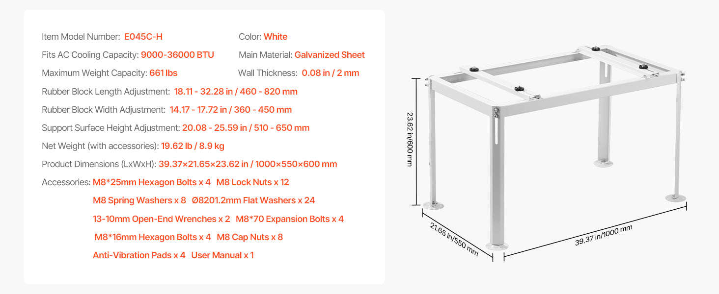 Mini Split Ground Stand Adjustable Anti-Vibration Stand for 9000-36000 BTU Outdoor Units-39.4x19x16inch / 8 inch / Poland