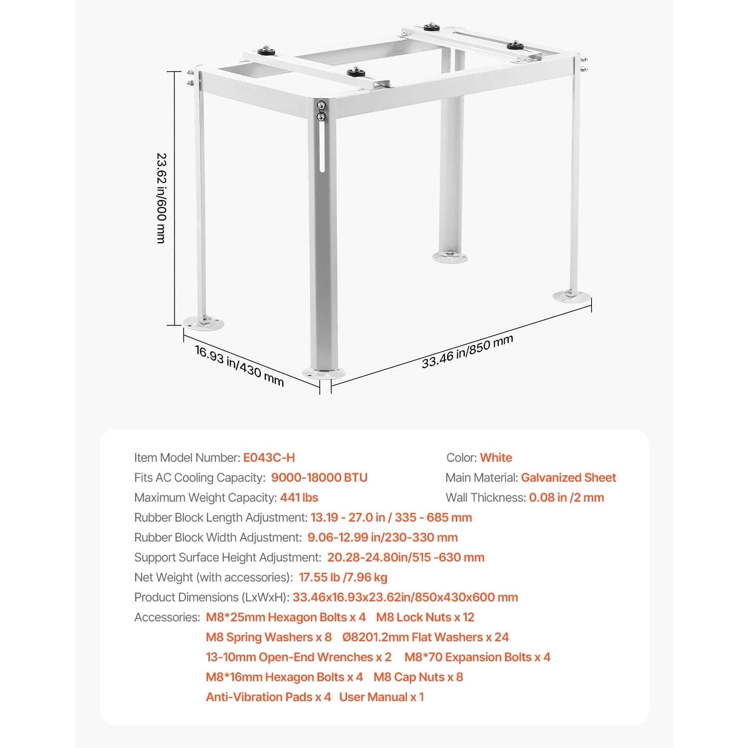 Mini Split Ground Stand Adjustable Anti-Vibration Stand for 9000-36000 BTU Outdoor Units-39.4x19x16inch / 8 inch / Poland