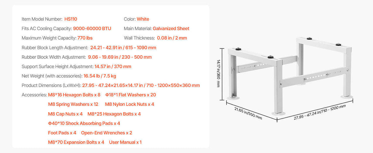 Mini Split Ground Stand Adjustable Anti-Vibration Stand for 9000-36000 BTU Outdoor Units-39.4x19x16inch / 8 inch / Poland