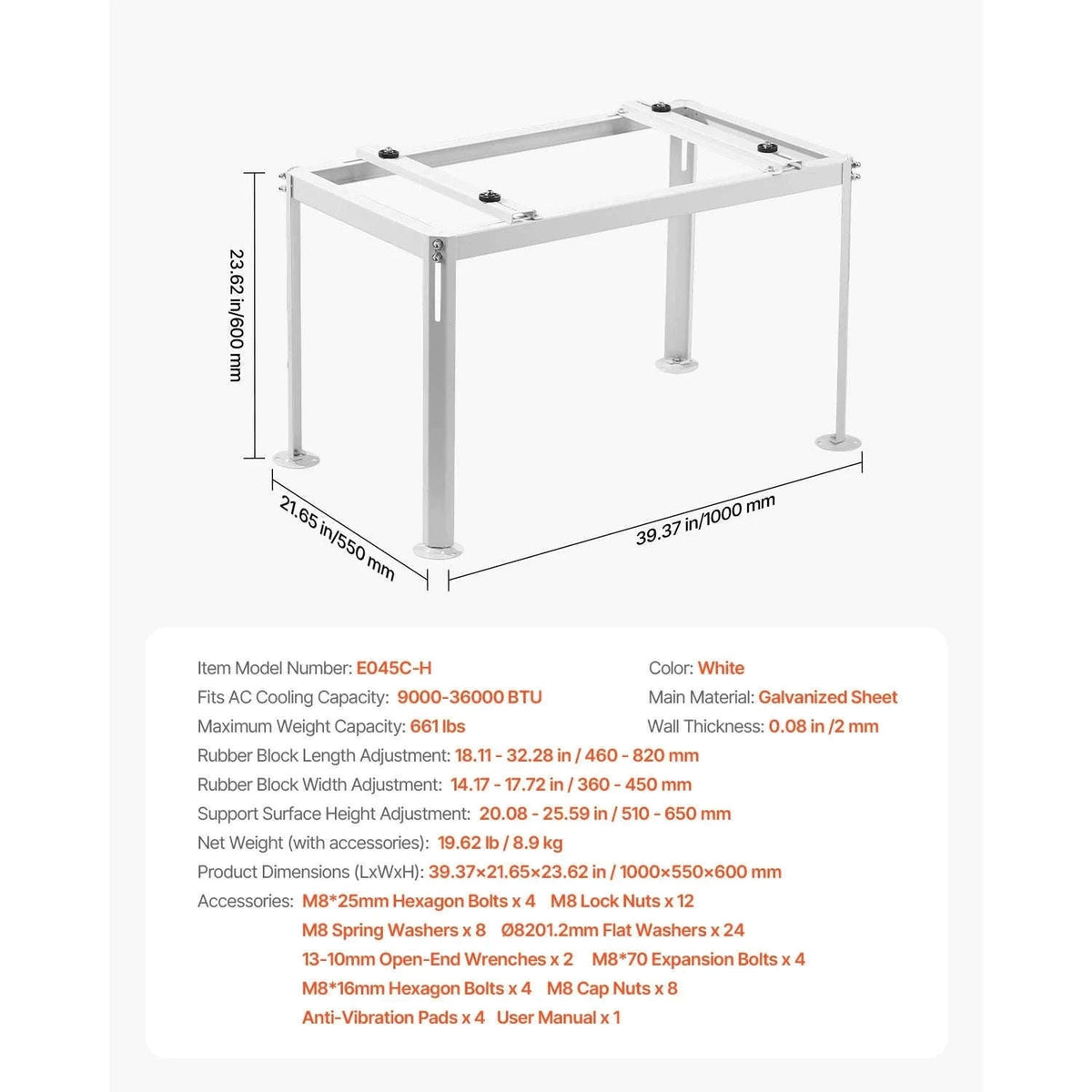 Mini Split Ground Stand Adjustable Anti-Vibration Stand for 9000-36000 BTU Outdoor Units-39.4x19x16inch / 8 inch / Poland