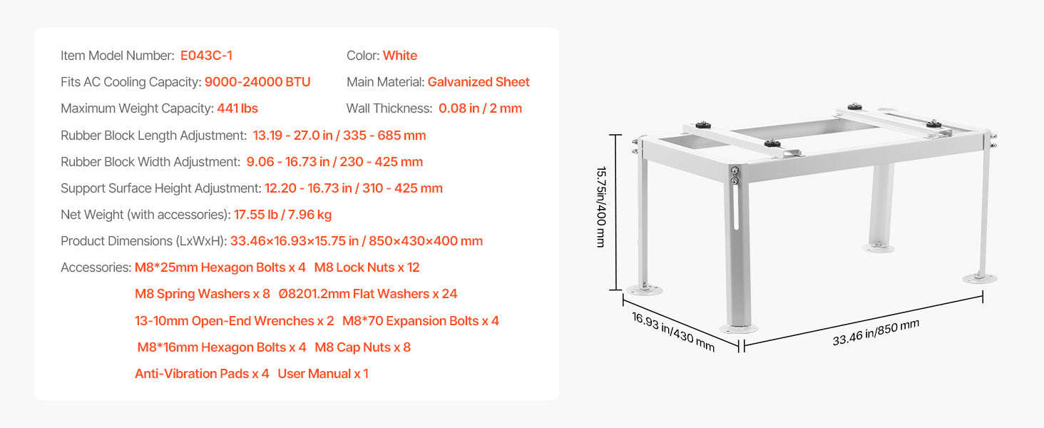 Mini Split Ground Stand Adjustable Anti-Vibration Stand for 9000-36000 BTU Outdoor Units-39.4x19x16inch / 8 inch / Poland