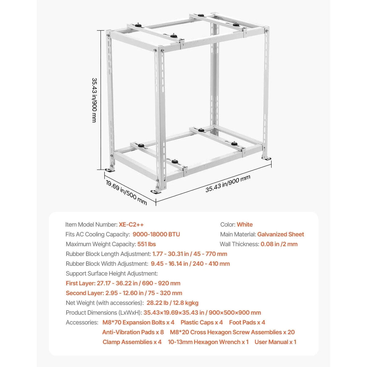 Mini Split Ground Stand Adjustable Anti-Vibration Stand for 9000-36000 BTU Outdoor Units-39.4x19x16inch / 8 inch / Poland