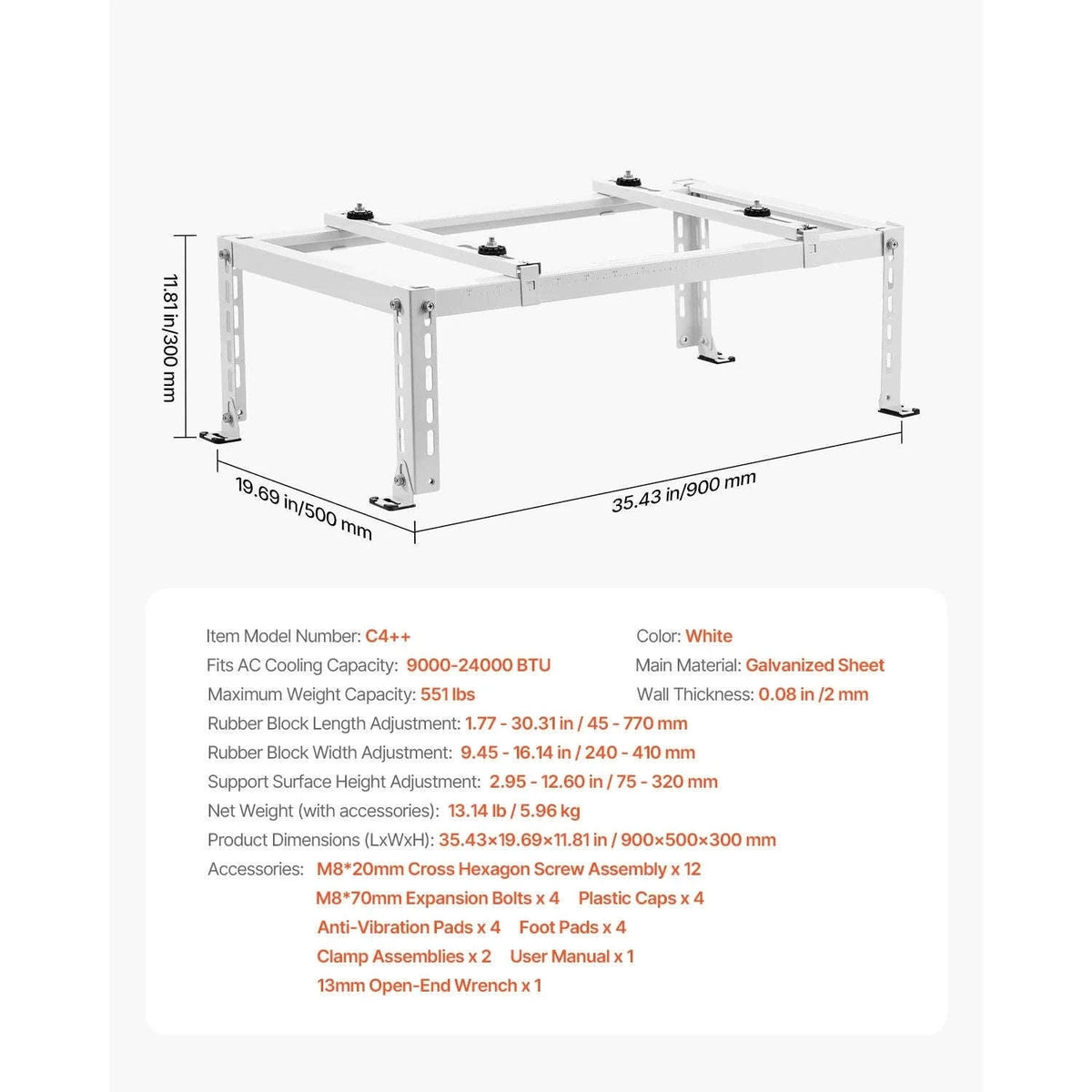 Mini Split Ground Stand Adjustable Anti-Vibration Stand for 9000-36000 BTU Outdoor Units-39.4x19x16inch / 8 inch / Poland