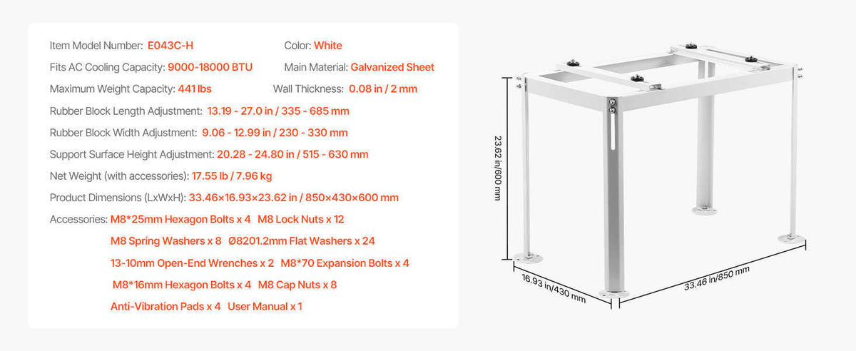 Mini Split Ground Stand Adjustable Anti-Vibration Stand for 9000-36000 BTU Outdoor Units-39.4x19x16inch / 8 inch / Poland