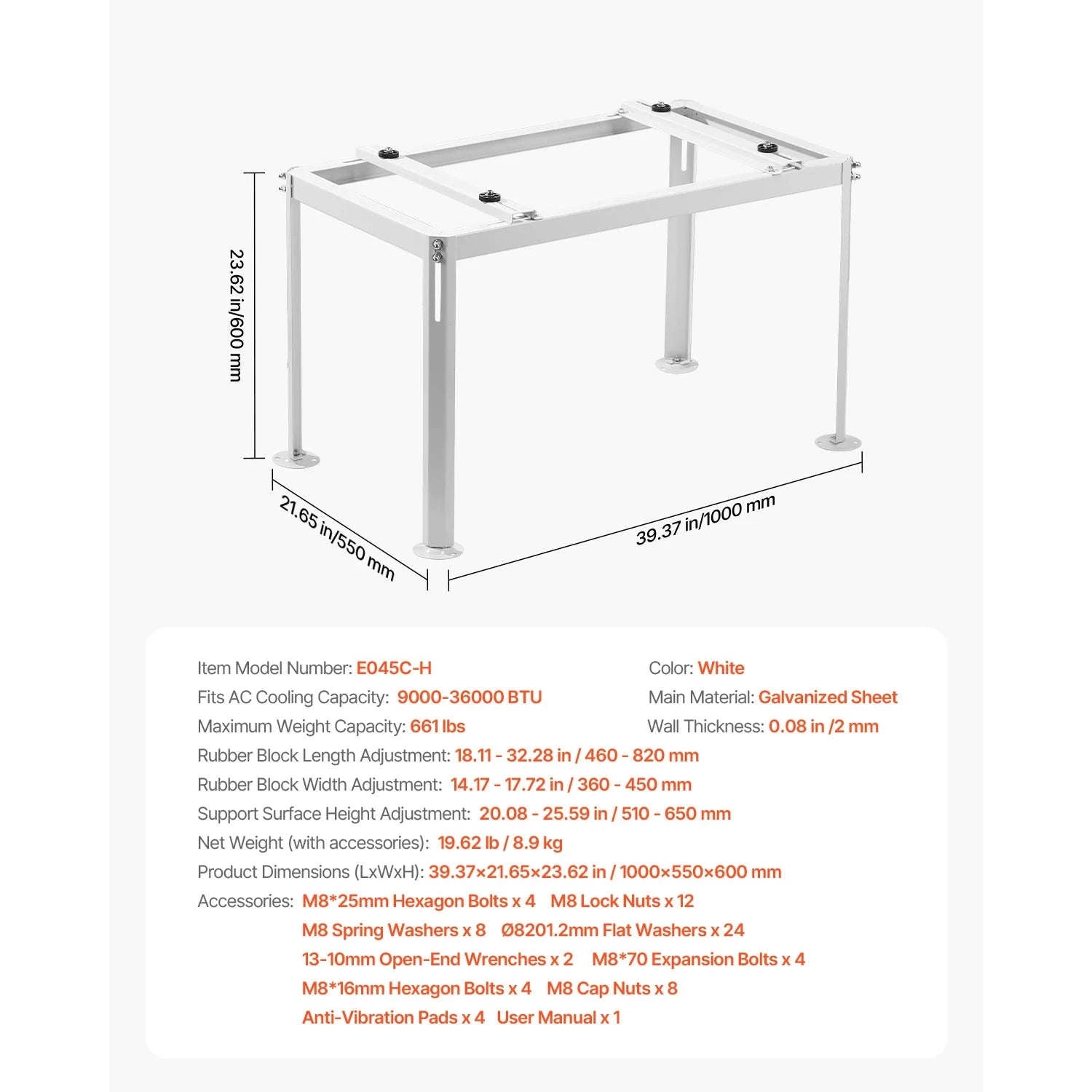 Mini Split Ground Stand Adjustable Anti-Vibration Stand for 9000-36000 BTU Outdoor Units-39.4x19x16inch / 8 inch / Poland