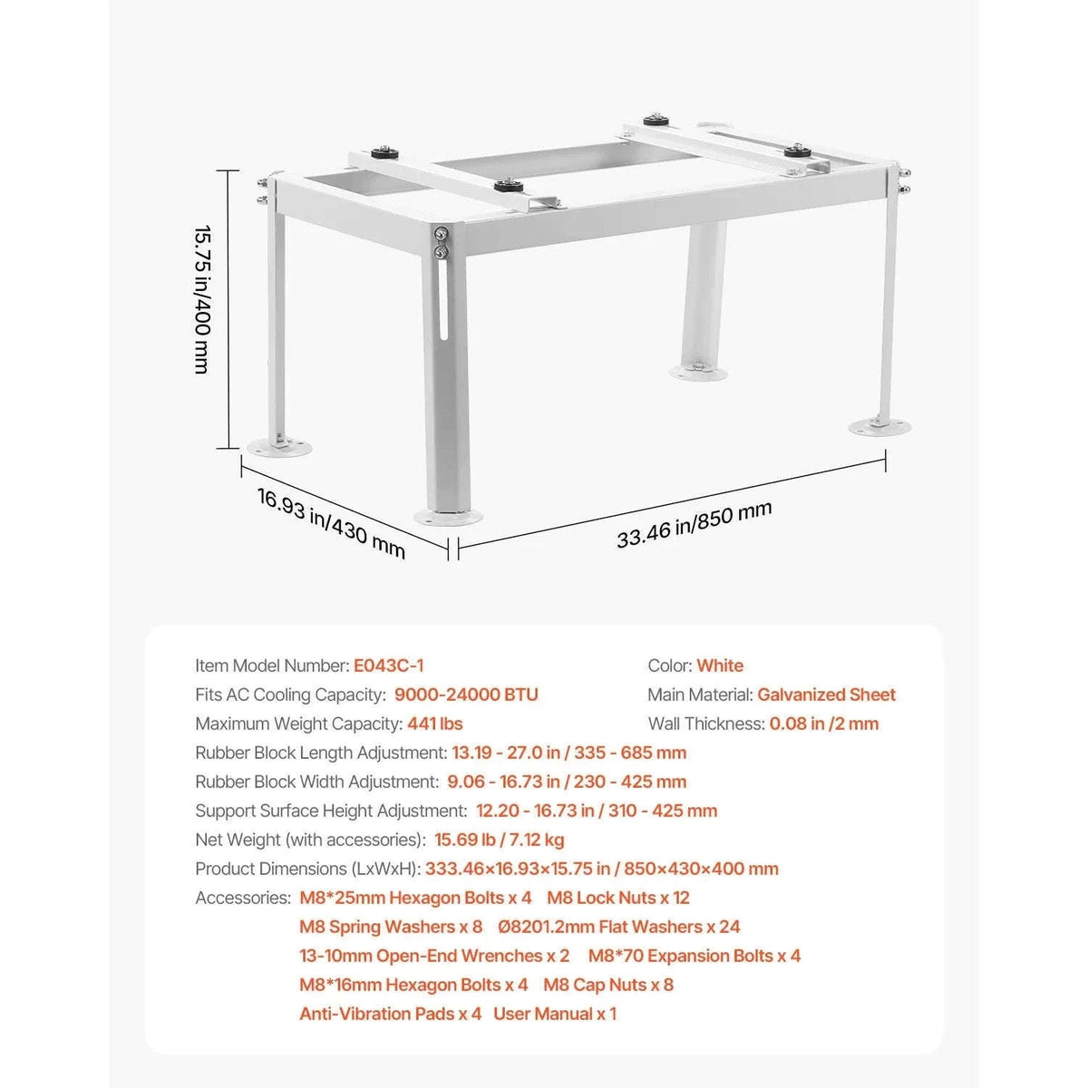 Mini Split Ground Stand Adjustable Anti-Vibration Stand for 9000-36000 BTU Outdoor Units-39.4x19x16inch / 8 inch / Poland