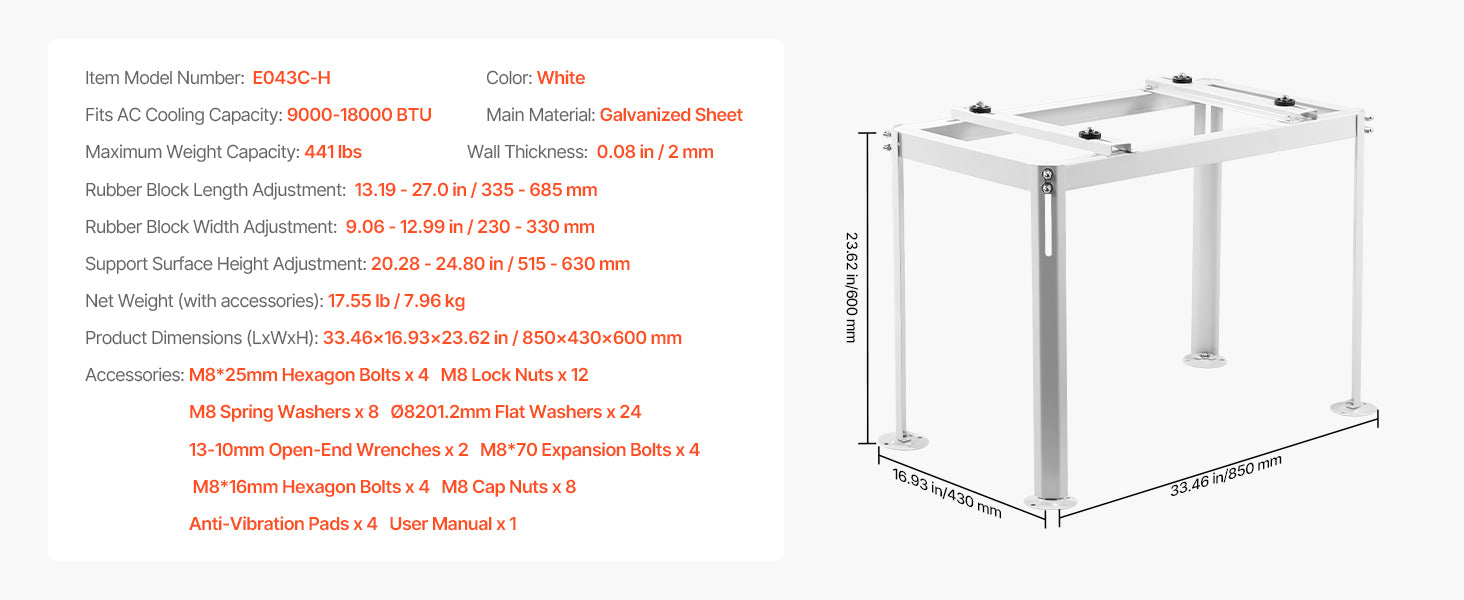 Mini Split Ground Stand Adjustable Anti-Vibration Stand for 9000-36000 BTU Outdoor Units