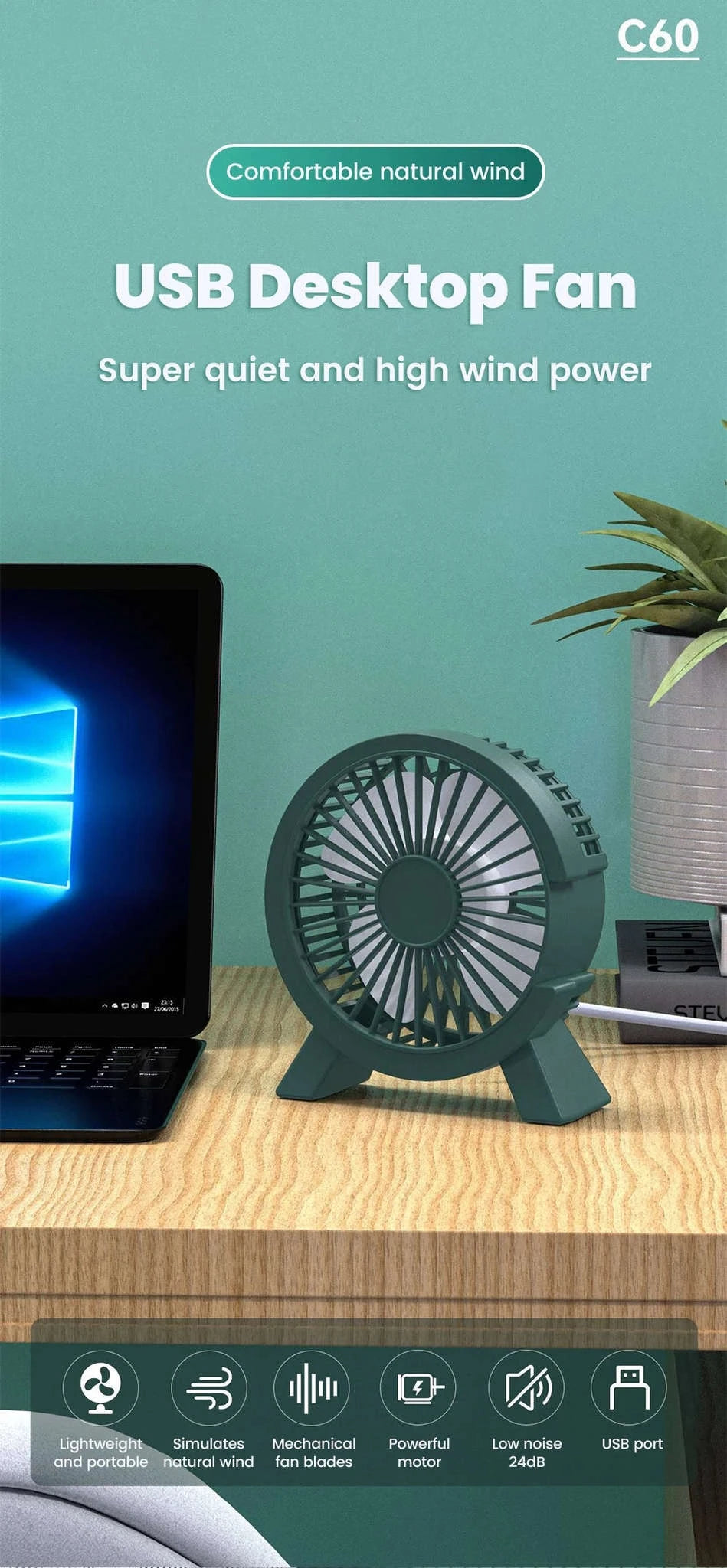 Mini USB Rechargeable Table Fan for Desk, Dorm, and Office-United States / WHITE