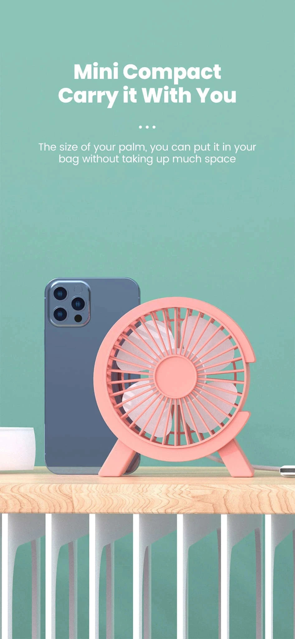 Mini USB Rechargeable Table Fan for Desk, Dorm, and Office-United States / WHITE