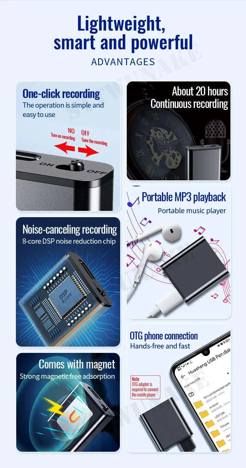 Mini Voice-Activated Digital Recorder with Magnetic Mount and USB-C-With Android OTG / China Mainland / 16 GB