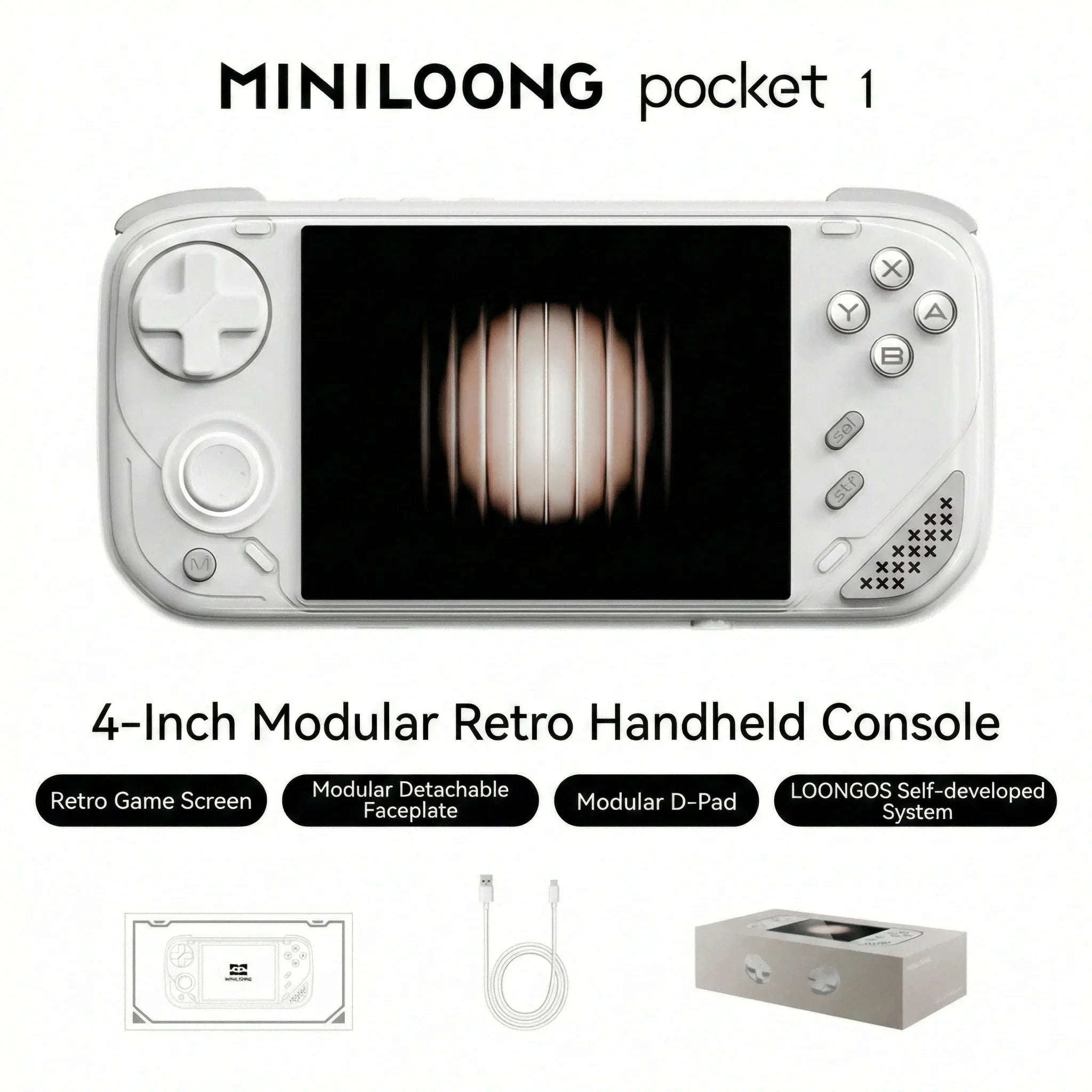 MINILOONG Pocket 1 Handheld Game Console 4" IPS Screen 14,000+ Games-White / United States / 64G(14K Games)