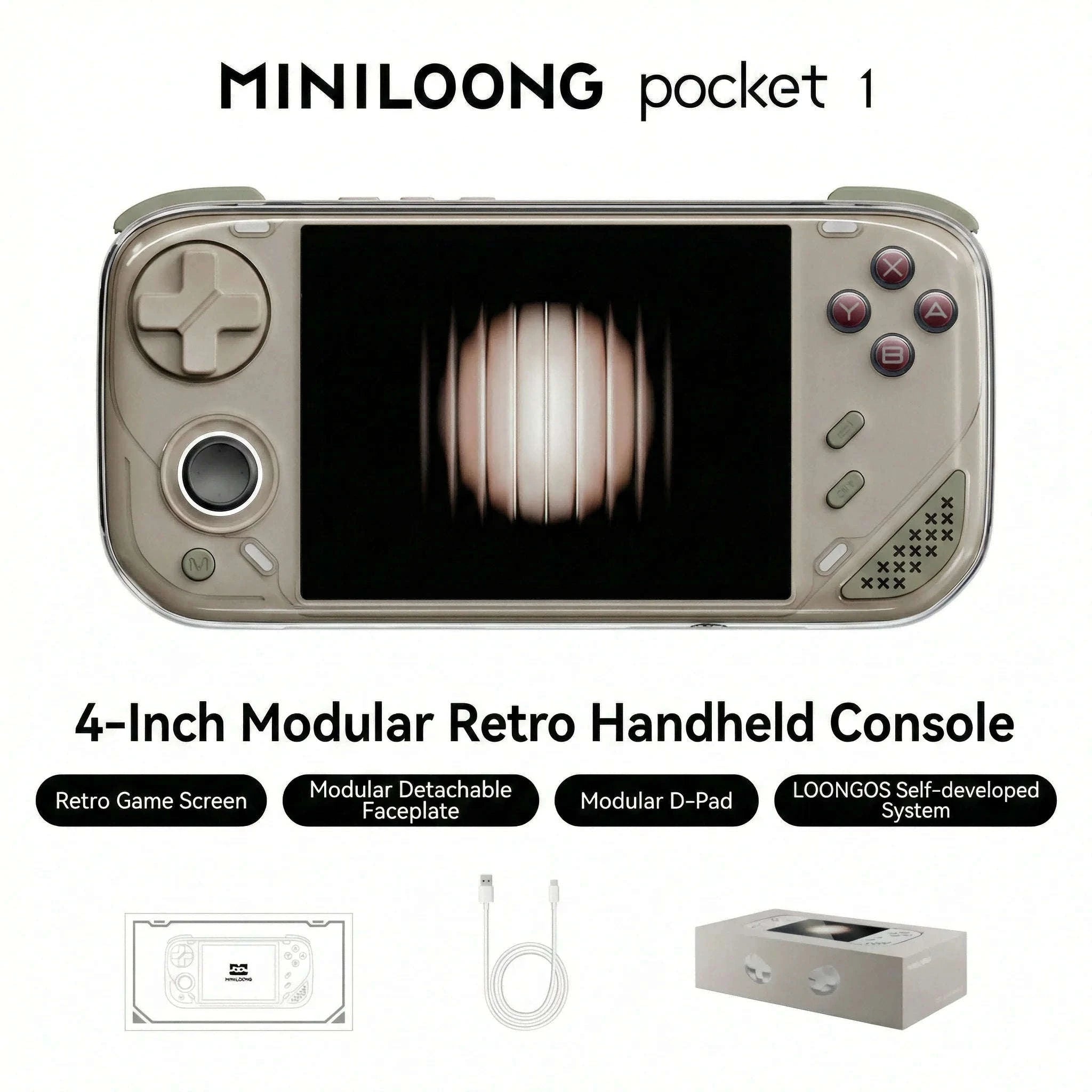 MINILOONG Pocket 1 Handheld Game Console 4" IPS Screen 14,000+ Games-White / United States / 64G(14K Games)