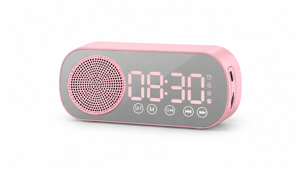 Pink mirror-faced clock speaker on white background