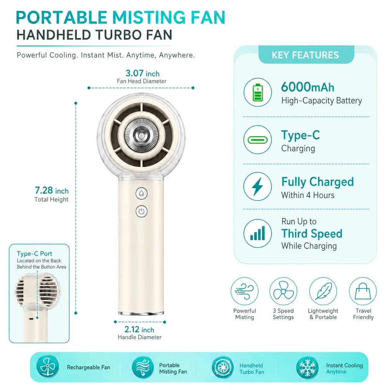 Misting Portable Handheld Fan 6000mAh Rechargeable 4 Speeds-khaki / United States