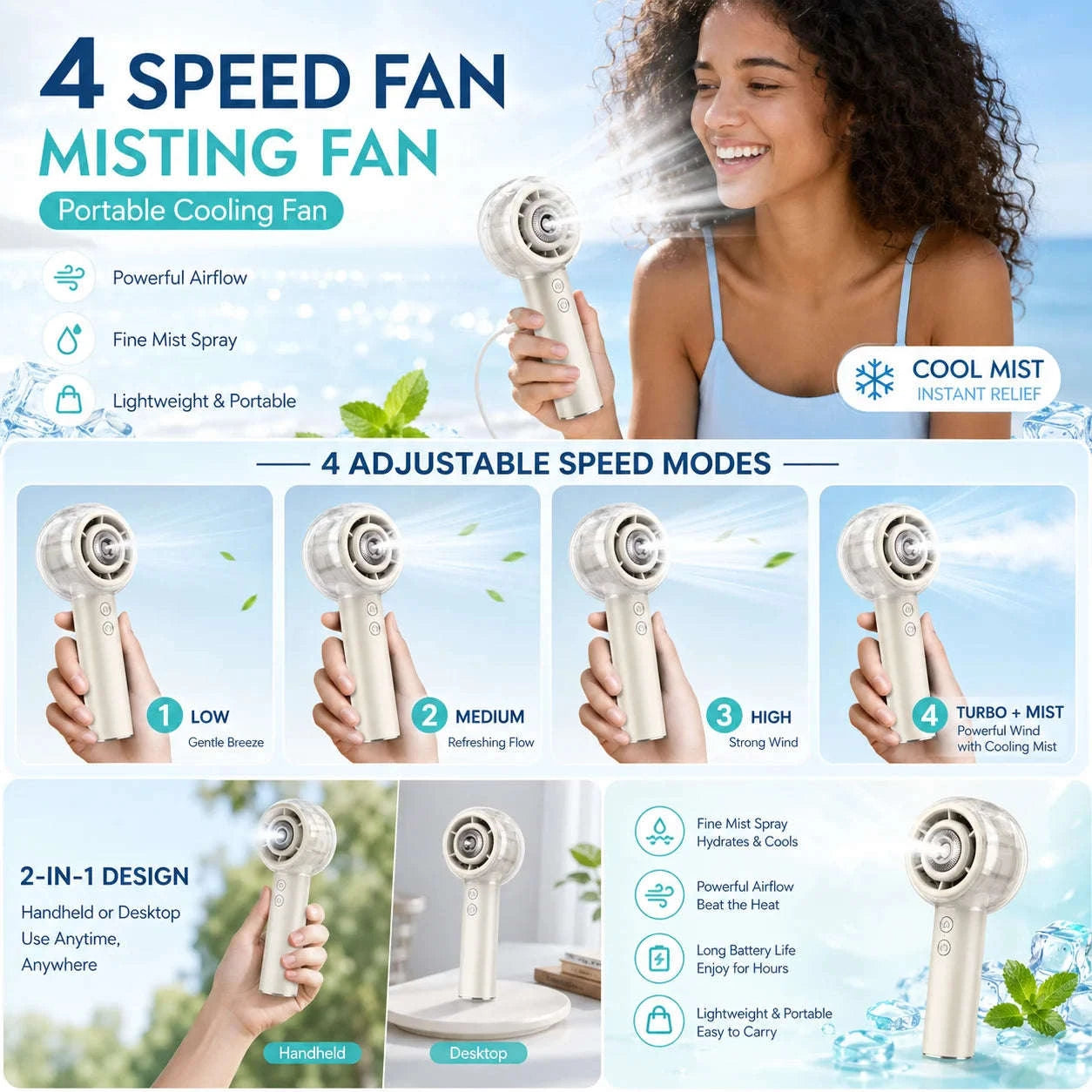 Misting Portable Handheld Fan 6000mAh Rechargeable 4 Speeds-khaki / United States