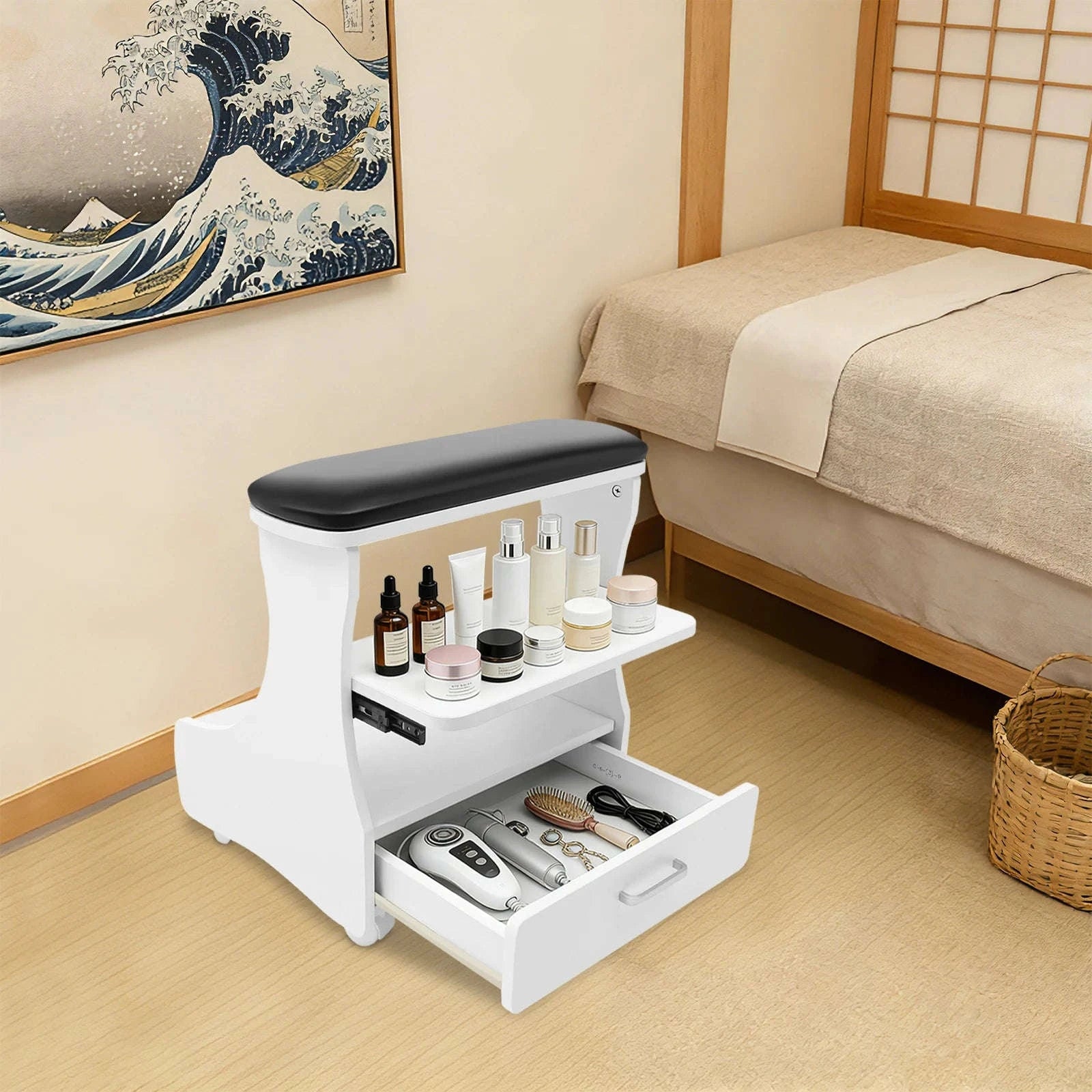 Mobile Foot Bath Trolley Stand with Lockable Casters, Storage Drawer and Soft Cushion-WHITE / United States