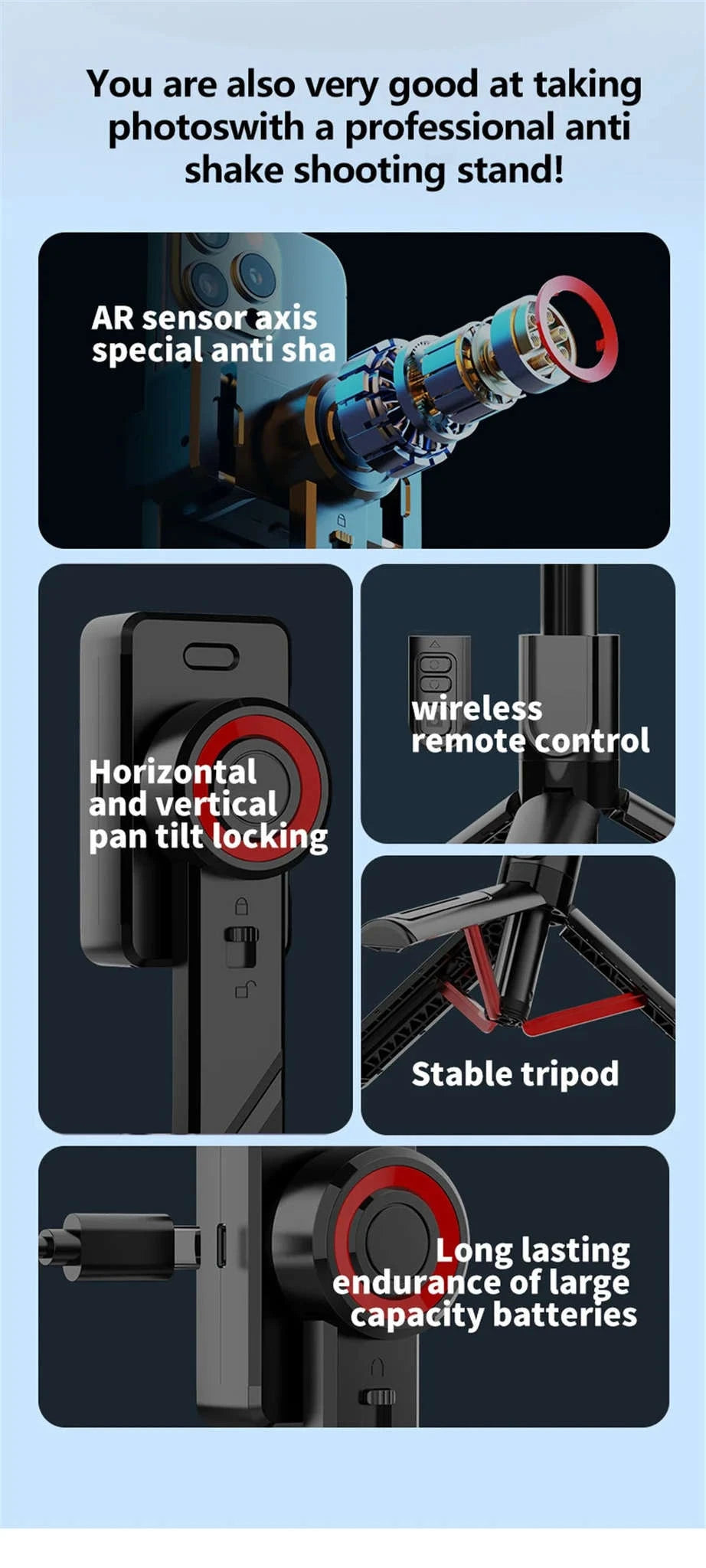 Mobile Video Stabilizer Bluetooth Selfie Stick Tripod-Red / United States