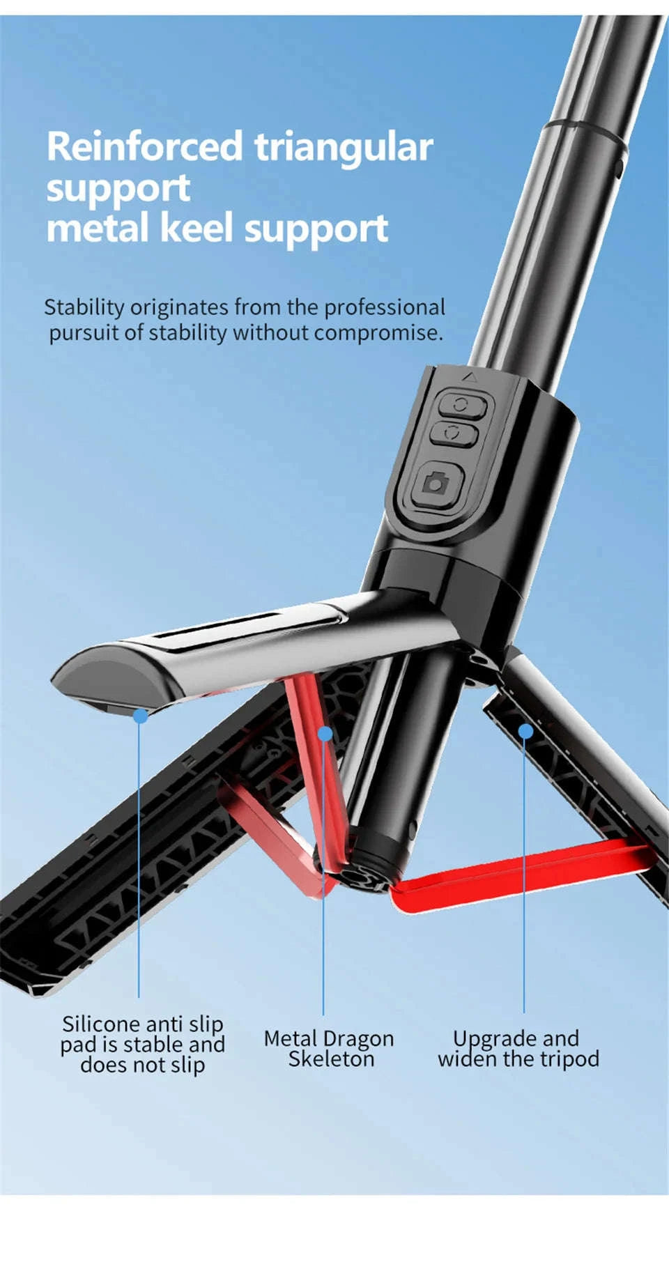 Mobile Video Stabilizer Bluetooth Selfie Stick Tripod-Red / United States