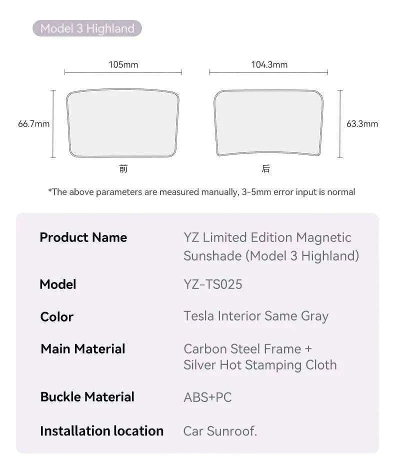 Model 3 Y Skylight Sunshade Magnetic Panel 2025-2026-MY 25-26 2PCS