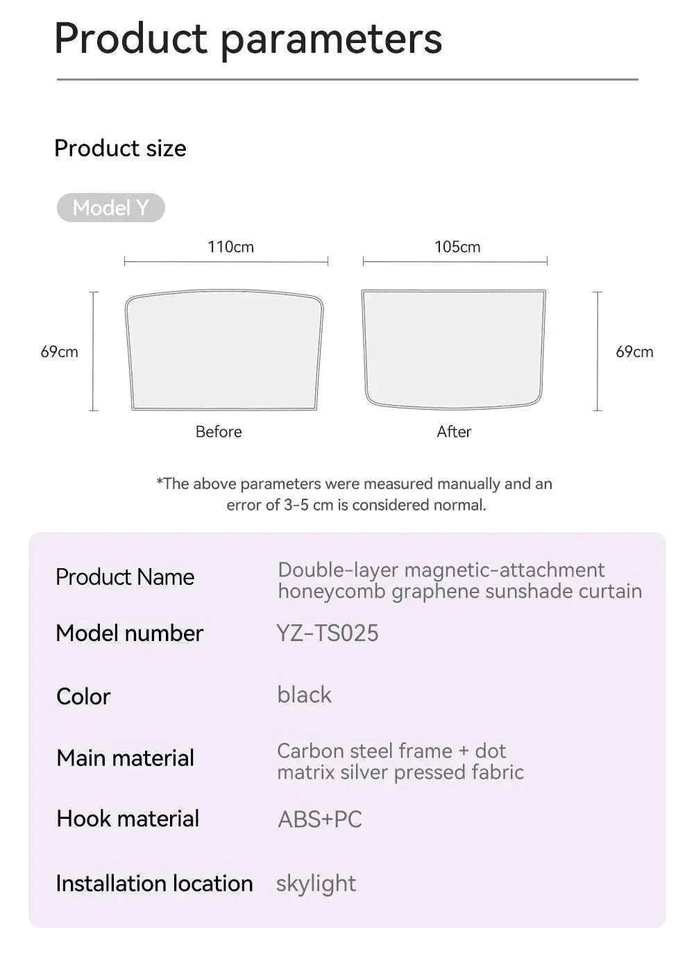 Model 3 Y Skylight Sunshade Magnetic Panel 2025-2026-MY 25-26 2PCS