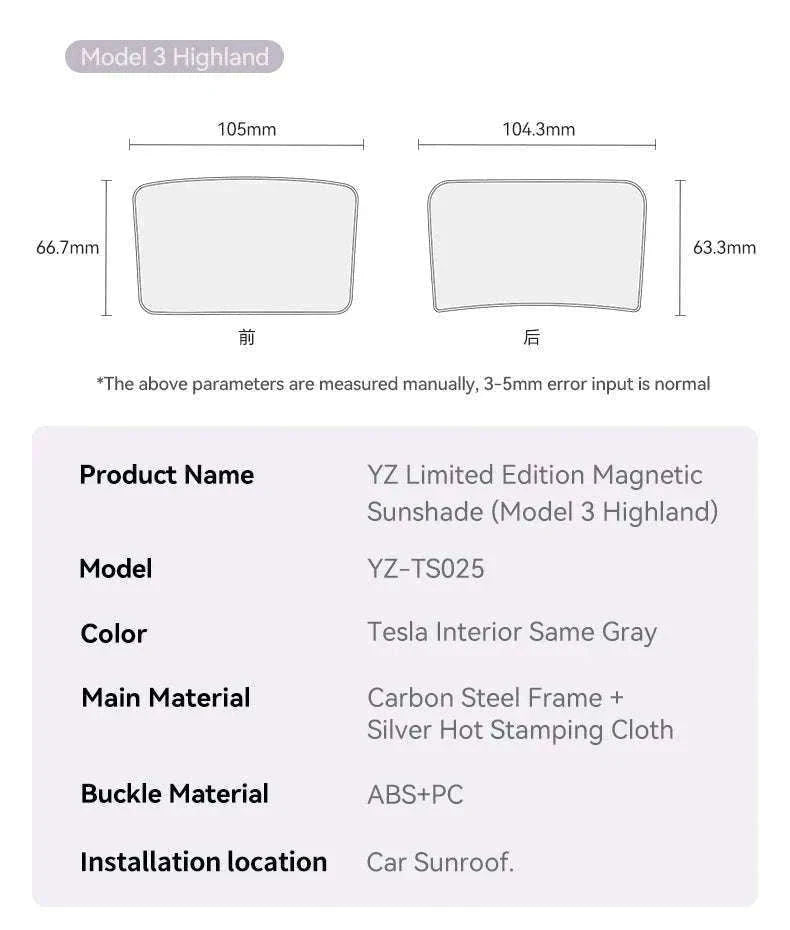 Model 3 Y Skylight Sunshade Magnetic Panel 2025-2026-MY 25-26 2PCS