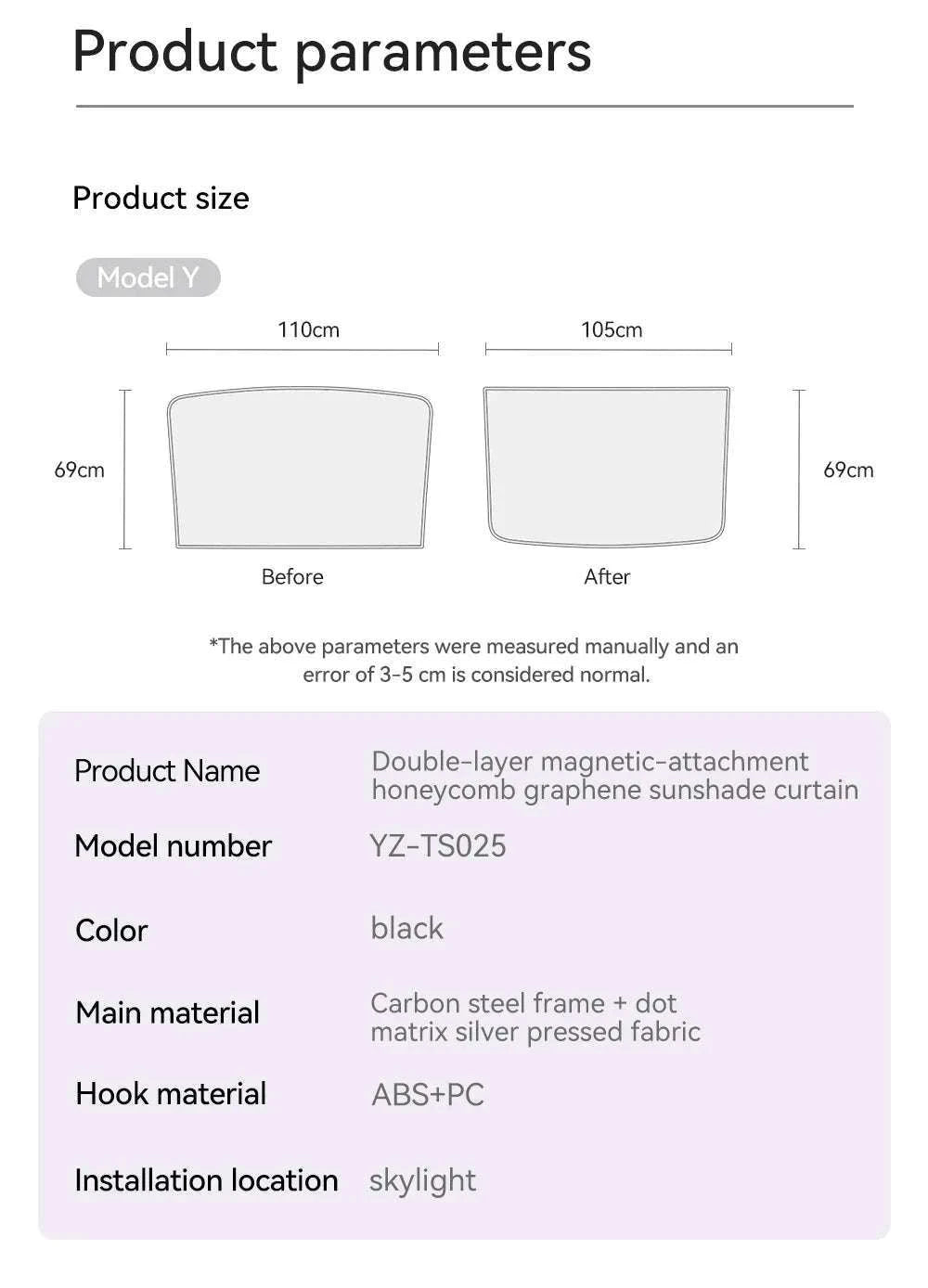 Model 3 Y Skylight Sunshade Magnetic Panel 2025-2026-MY 25-26 2PCS
