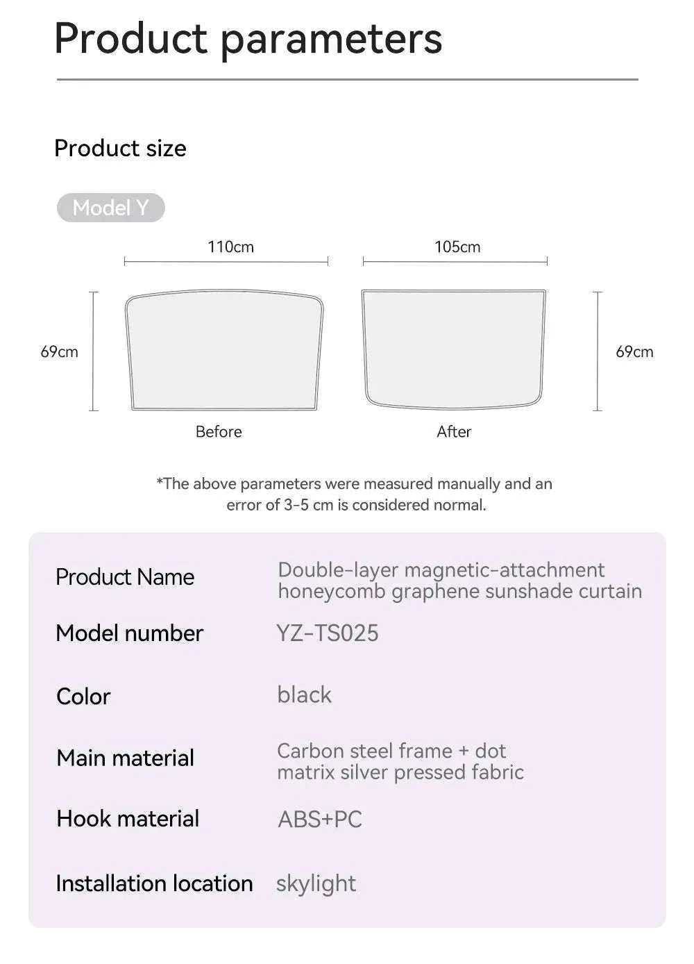 Model 3 Y Skylight Sunshade Magnetic Panel 2025-2026-MY 25-26 2PCS