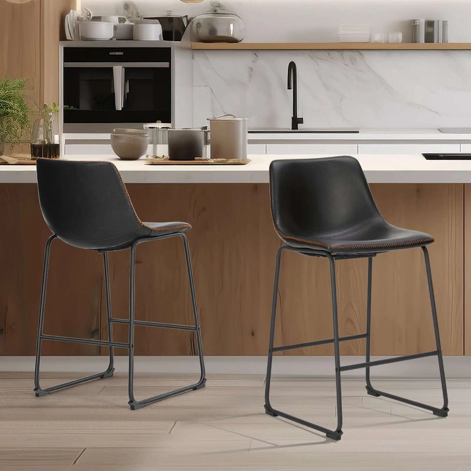 Modern Faux Leather Counter Height Bar Stools Set of 2 with Back-bar stool BK / United States
