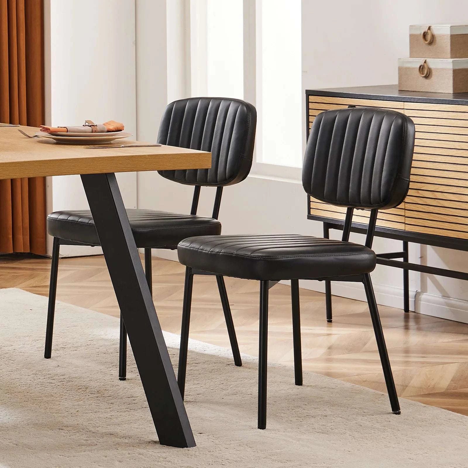Modern Faux Leather Dining Chairs Set of 2 with Lumbar Support-black / United States