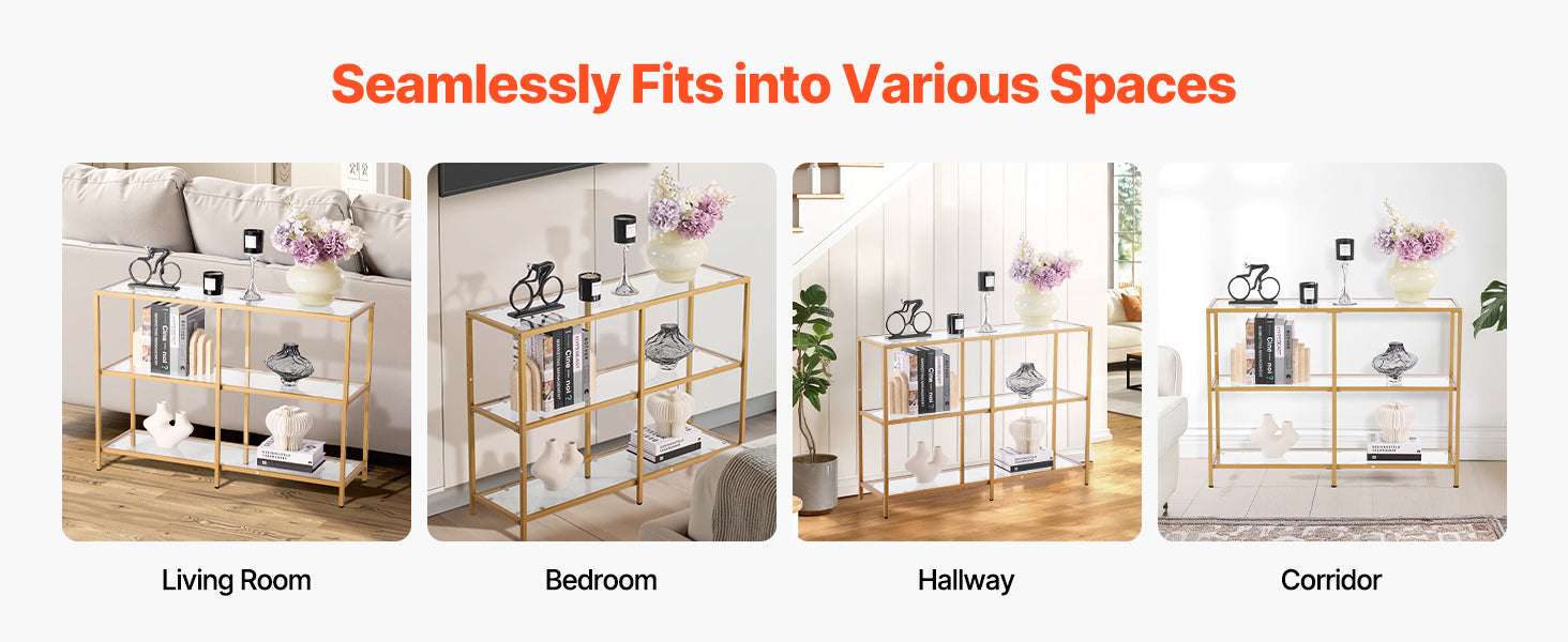 Modern Glass Console Table with Metal Frame, Multi-Tier Storage-70in 3Tiers Gold / spain