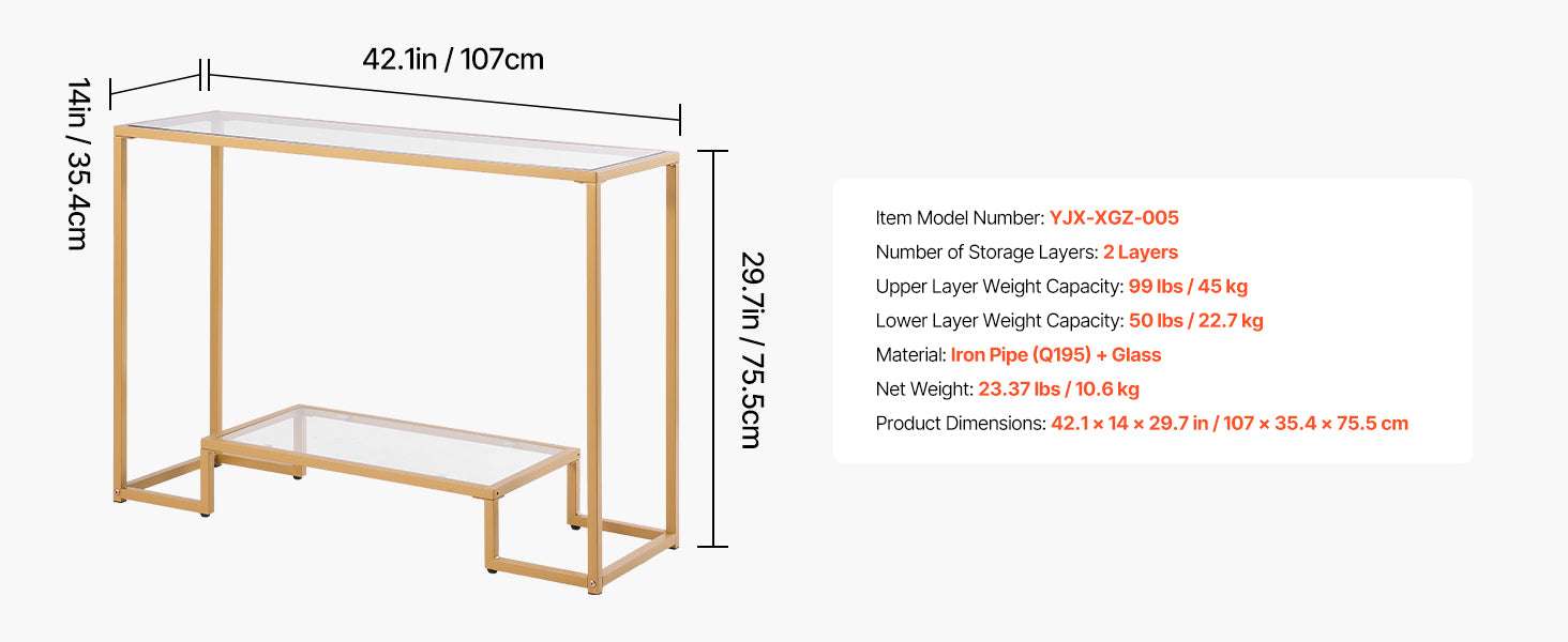 Modern Glass Console Table with Metal Frame, Multi-Tier Storage-70in 3Tiers Gold / spain