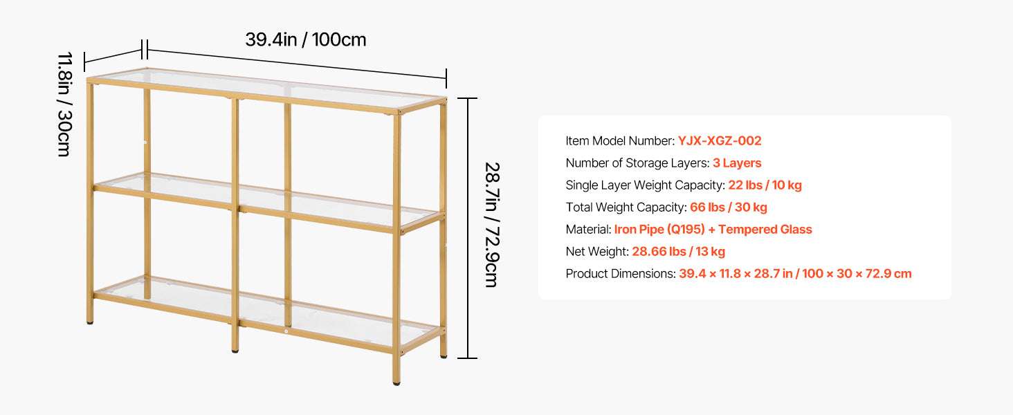 Modern Glass Console Table with Metal Frame, Multi-Tier Storage-70in 3Tiers Gold / spain
