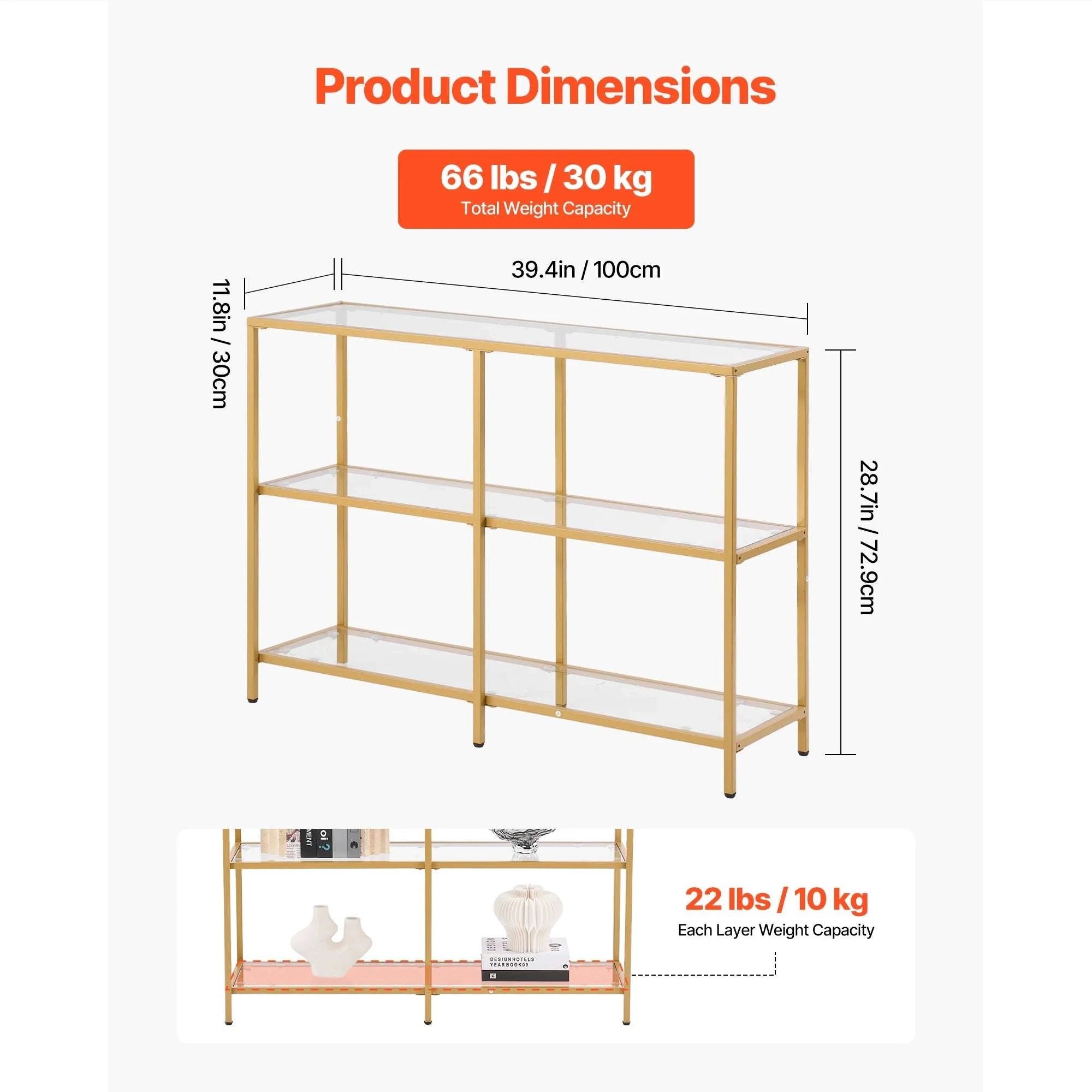 Modern Glass Console Table with Metal Frame, Multi-Tier Storage-70in 3Tiers Gold / spain
