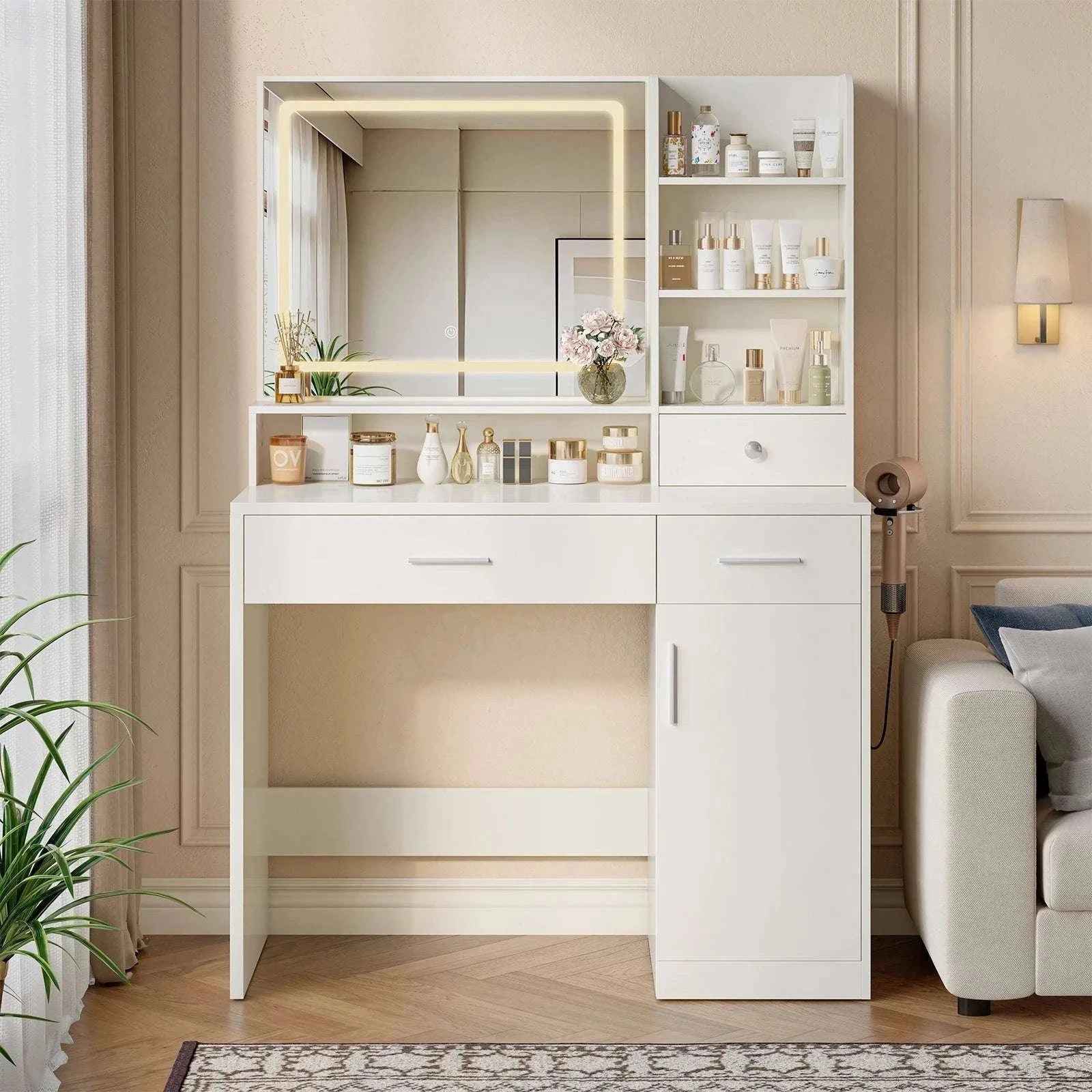 Modern Makeup Vanity Desk with Lighted Mirror, Storage & Charging-WHITE / United States