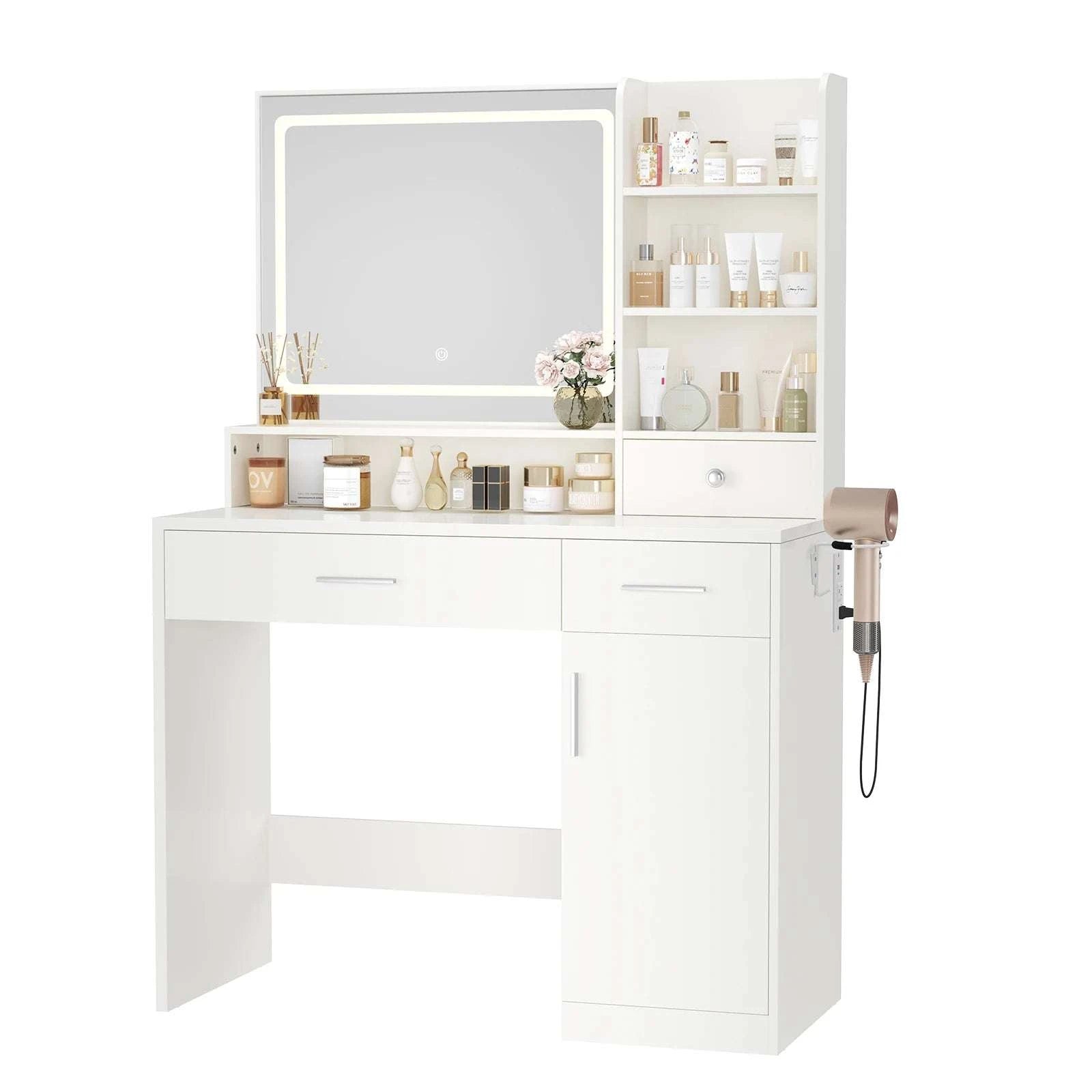 Modern Makeup Vanity Desk with Lighted Mirror, Storage & Charging-WHITE / United States
