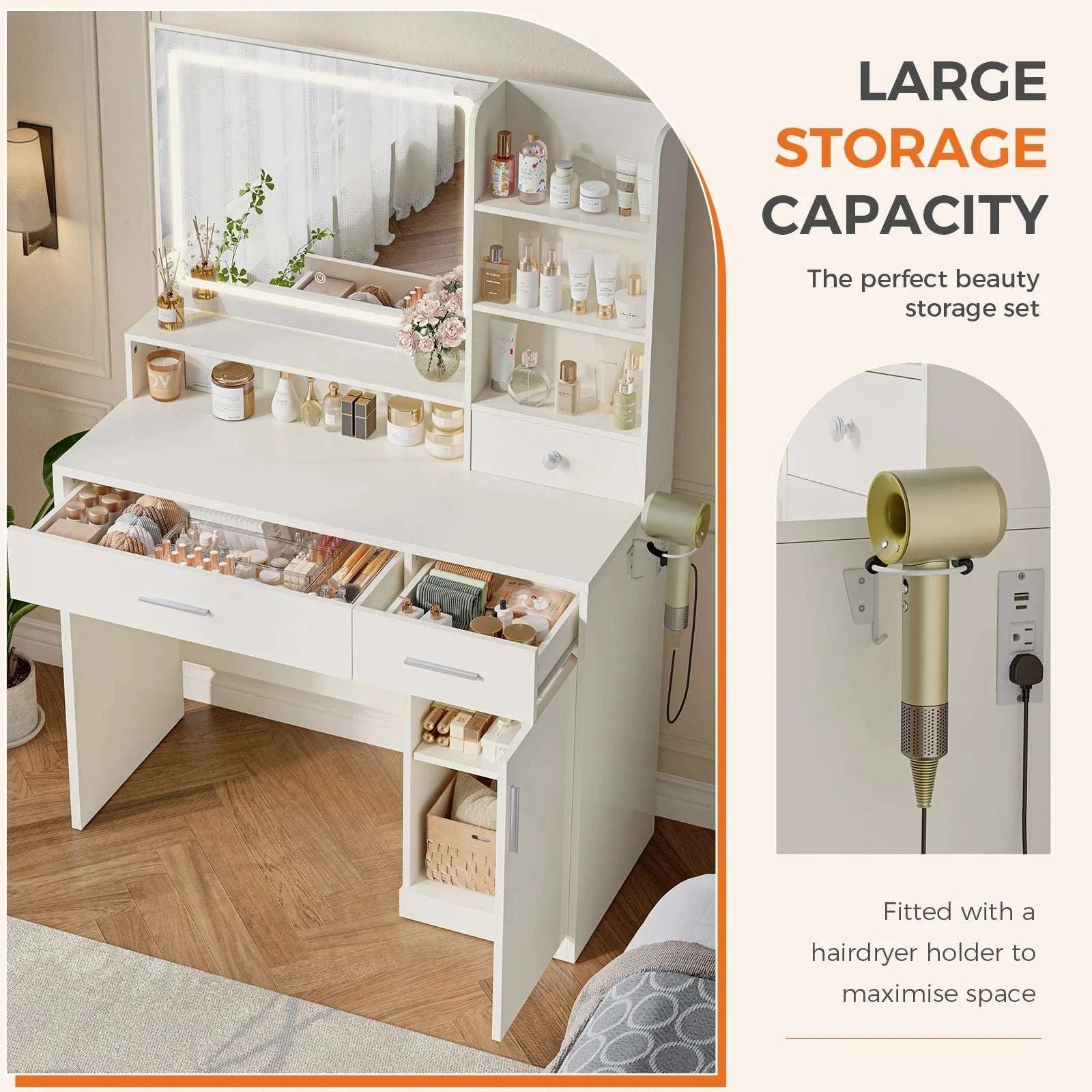 Modern Makeup Vanity Desk with Lighted Mirror, Storage & Charging-WHITE / United States