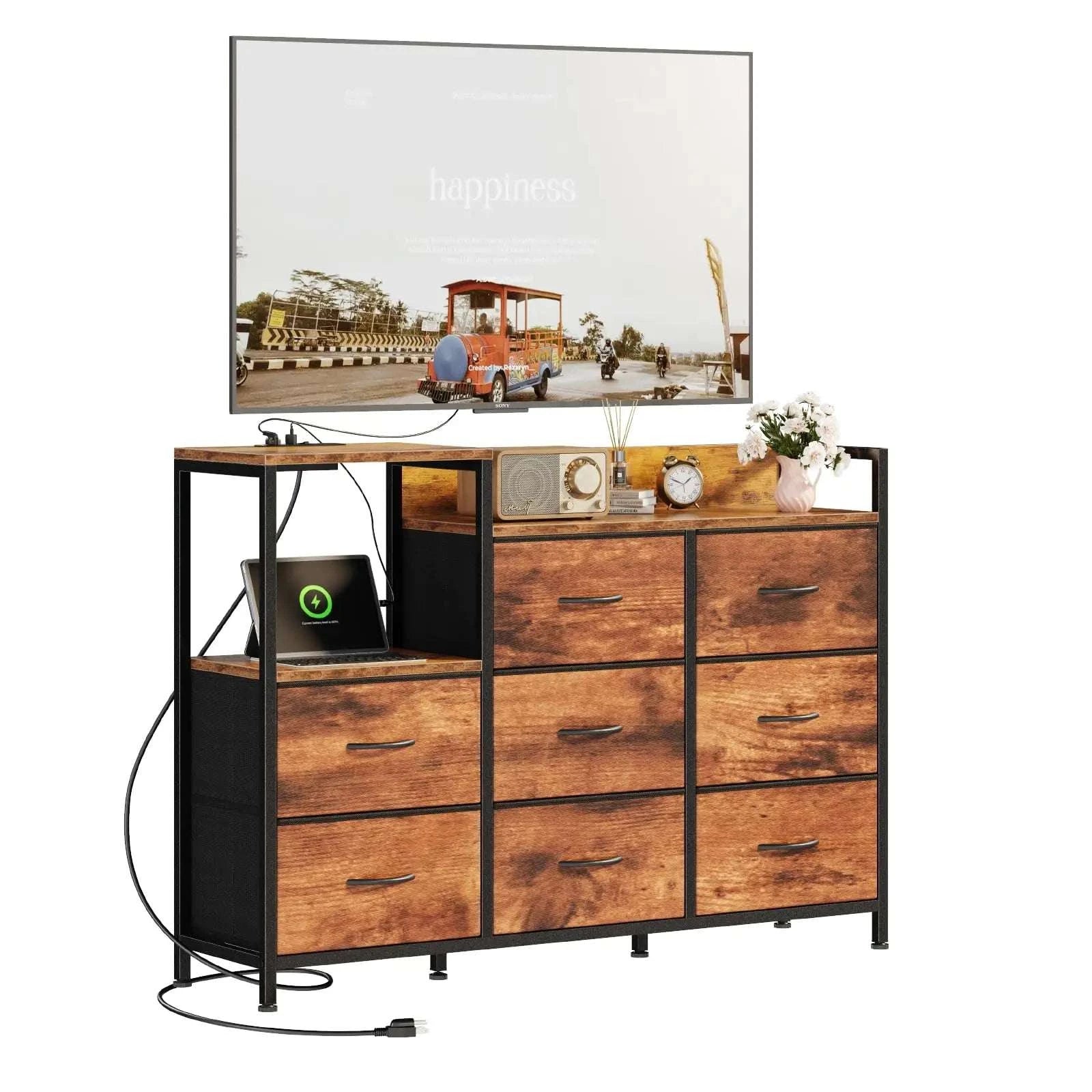Modern TV Stand with 9 Fabric Drawers & Metal Frame Storage-Ivory / United States