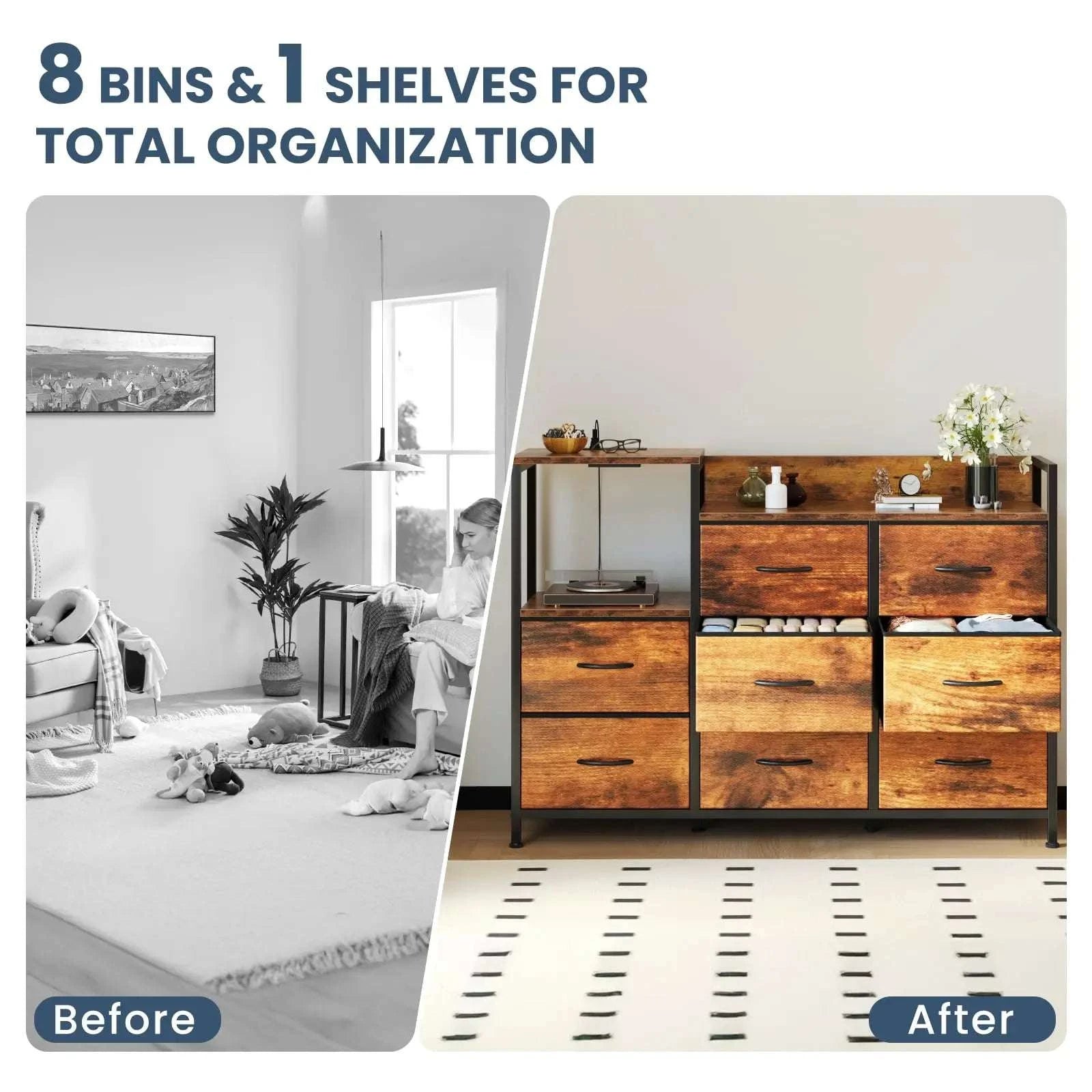 Modern TV Stand with 9 Fabric Drawers & Metal Frame Storage-Ivory / United States